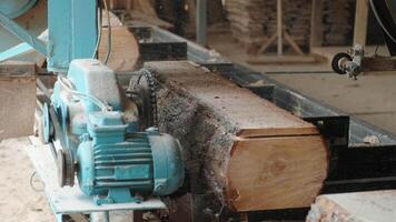 Closeup of cut pine tree log on sawing machine at wood production factory. Timber material processing and cutting at sawmill. Manufacturing process at lumber mill. Sawing woods on power machine 11 video