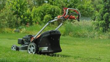 Watering the garden, grass and flowers in the Park, water drops in the sunlight. Automatic watering system for the grass. Drops of water are splashed in the sunlight. Petrol driven lawn mower video