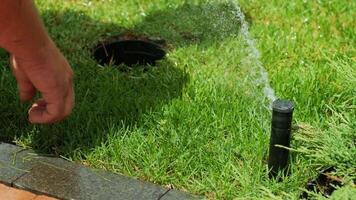 Close-up turn-off watering the garden, grass and flowers in the Park, water drops in the sunlight. Automatic watering system for the grass and flowers. Drops of water are splashed in the sunlight. video