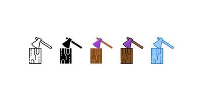 Five variations of an axe embedded in a log. icon wood cutting ,Ideal for forestry, outdoor activities, camping, tool illustrations, and lumberjack themes. vector