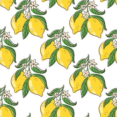 Seamless pattern with ripe yellow lemon, green leaves and white flowers in flat style. Perfect for fabric print, packaging, wallpaper, summer design and fresh fruit themed project.
