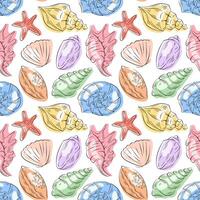 Seamless pattern with colorful seashell, starfish and marine element in flat style. Perfect for beach themed design, fabric print, wallpaper and summer project. vector