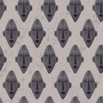 cartoon seamless pattern of an ancient tribal mask in dark stone texture. Ethnic ceremonial artifact with abstract facial features, inspired by traditional African craftsmanship.