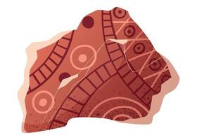 isolated cartoon illustration of broken mosaic tile fragment with geometric patterns. Ancient ceramic shard with decorative ornament in earthy colors. vector