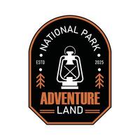 Explore the charm of Adventure Land National Park logo featuring a lantern and pine trees, a perfect template for outdoor enthusiasts vector