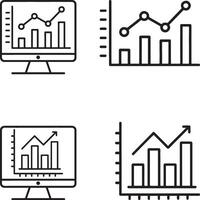 Statistical analysis and illustration icons collection. Web analytics symbols in flat filled and outline stroke line art. vector
