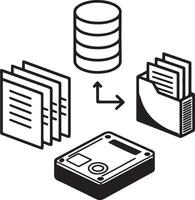 Data and document icon. Database, documents, CPU, and data center icon in flat filled and outline stroke line art. vector