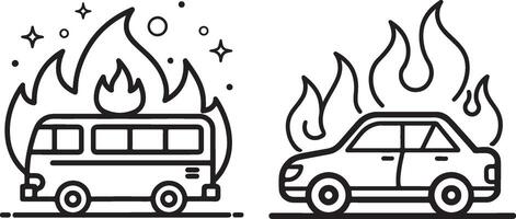 Vehicle on fire icon. Car and Bus firing on a road icon in flat filled and outline stroke line art. vector