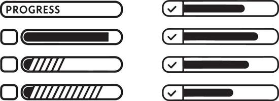 Progress bars icons, data progressing analysis symbols in flat filled and outline stroke line art. vector