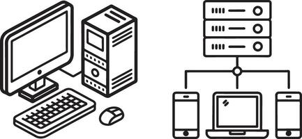 Server and hosting icon. Server connection with data center and computer icon in flat filled and outline stroke line art. vector