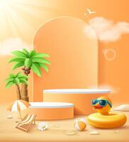 Summer podium display orange color, duck yellow shaped inflatable ring, coconut trees, poster design on cloud and orange background vector
