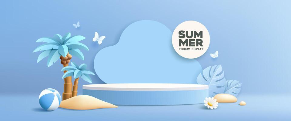 Summer blue podium, coconut plam tree, beach ball, pile of sand, tropical leaf banner design on blue background