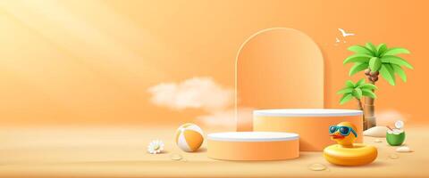 Summer podium display orange color, Duck yellow shaped inflatable ring, coconut trees, banner design on cloud and orange background vector