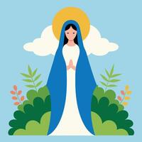 The Virgin Mary in a peaceful garden, with rays of light symbolizing the Annunciation vector