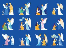 Set of A graceful angel delivering the Annunciation to the Virgin Mary in a serene setting. vector