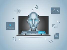 Artificial intelligence robot on laptop and generate bar. AI created generate art, text, , audio with prompt. Big data visualization and machine learning. vector