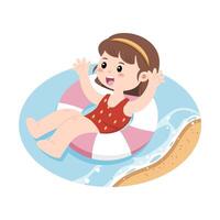 A joyful girl swims with a float in the sea on a sunny summer day. vector
