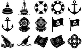 Nautical Icons and Symbols Anchor Pirate Flag and Sea Elements Ocean Icons for World Oceans Day vector
