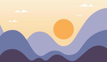 Simple Illustration of Mountains with Sun Above and Clouds Around vector