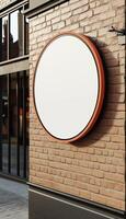 Store sign rounded blank board label name identity mockup branding on grocery place photo