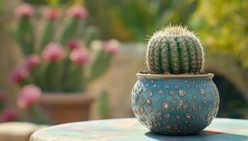 Cactus little succulent plant on vas for decoration table with blurred plant background photo
