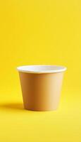 Brown paper bowl disposable food container delivery order on yellow background photo