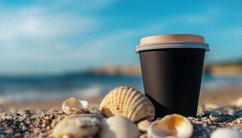 Coffee paper cup mockup black matte color on beach with blue sky and shell decoration photo