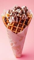 waffle on paper wrapped food simple cake dessert in pink vertical background photo