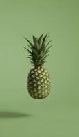 Green pineapple fresh organic fruit floating in matte solid vertical background photo