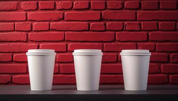 Coffee drink on white paper cups on display and red brick wall background photo