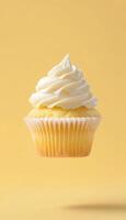 Cupcake with topping sweet cream floating on air for food wallpaper photo