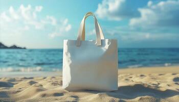 White blank canvas shopping bag reusable mockup on beach with blue sky and ocean view photo
