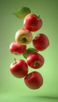 Red apples fruit floating in air snack real food wallpaper green background photo