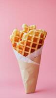 Sweet waffle on paper wrapped food simple cake dessert in pink vertical background photo