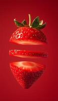 Strawberry slices cutting floating vertical for aesthetic wallpaper background fruit theme photo