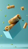Spring roll fill with vegetable or seafood crunchy snack on blue box package floating photo