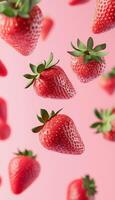 Red strawberry fruit floating on air with pink background photo