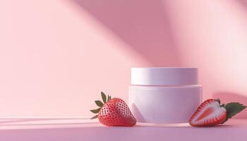 Strawberryglass jar cream container for skincare routine with blue background photo