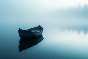 Rowboat on a misty lake serene and peaceful Perfect for tranquility themes photo
