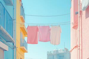Pastel clothes drying on a clothesline between colorful buildings photo