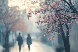 Blush blossoms frame a softly blurred couple strolling down a city street photo