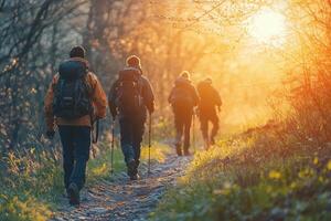Hikers on a scenic trail at sunset enjoying nature's beauty photo
