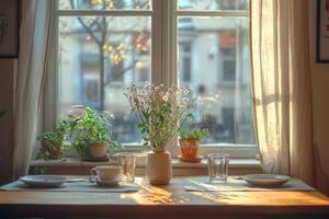 Sunlit windowsill with flowers plants and tea setting Peaceful morning scene photo