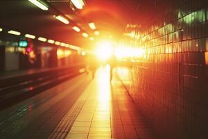 Sunlight streams into a subway platform illuminating the tiled walls and tracks photo