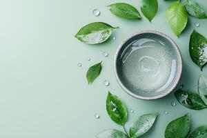 Refreshing water bowl with green leaves and water droplets Spa concept photo