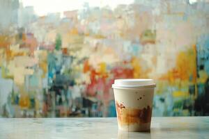 Coffee cup on a table with an abstract background photo