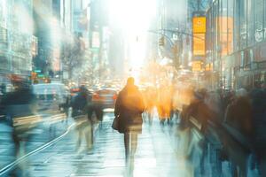 Person walking down a busy city street bathed in sunlight blurred background photo