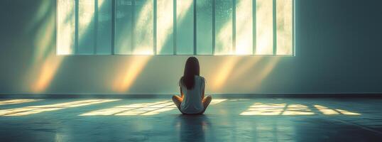 Woman meditating by large window sunlight streaming in photo