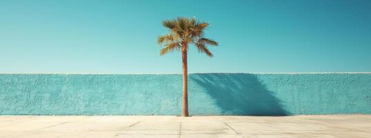 Palm tree silhouette against a vibrant blue wall under a clear sky photo