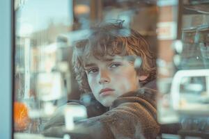 Young boy with thoughtful expression seen through a window photo